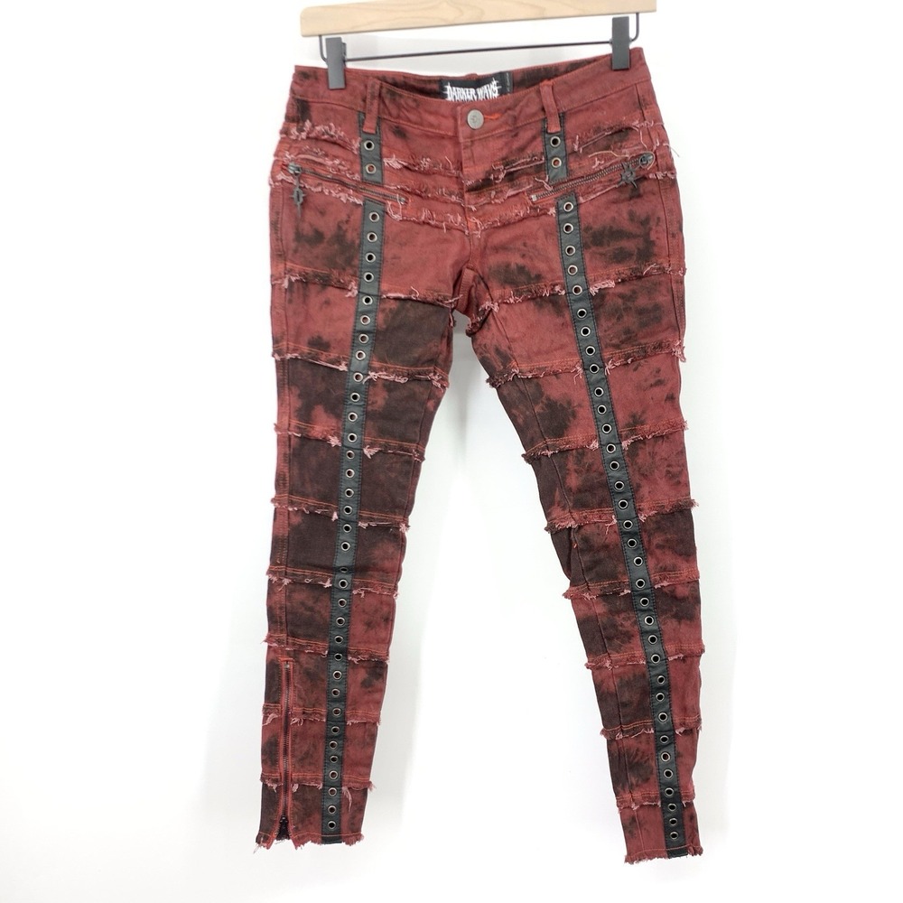 Dolls Kill Darker Wavs Women Size XS Jeans Red Skinny Frayed Eyelet Low Rise